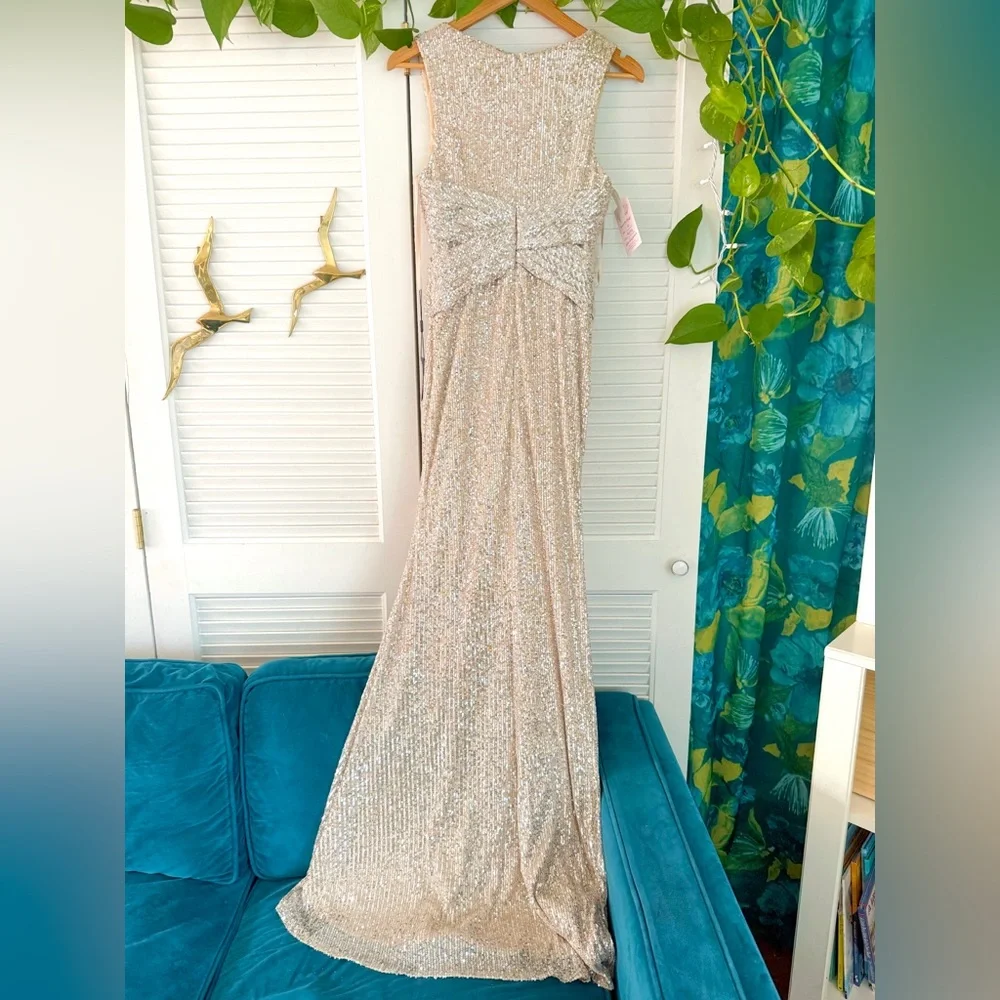 Mac Duggal Ieena 26598 V-Neck Wrap Waist Sequin Gown Dress New Champagne Formal